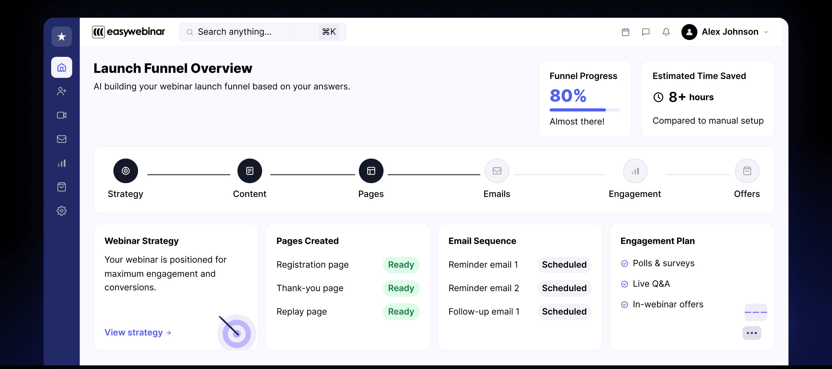 EasyWebinar AI-built launch funnel dashboard at 80% complete, showing strategy, content, pages, emails, and engagement setup for a course launch