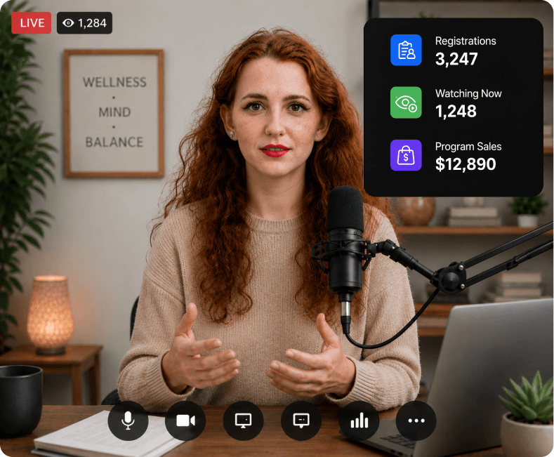 A live webinar host with registration, watching-now, and program sales stats overlaid