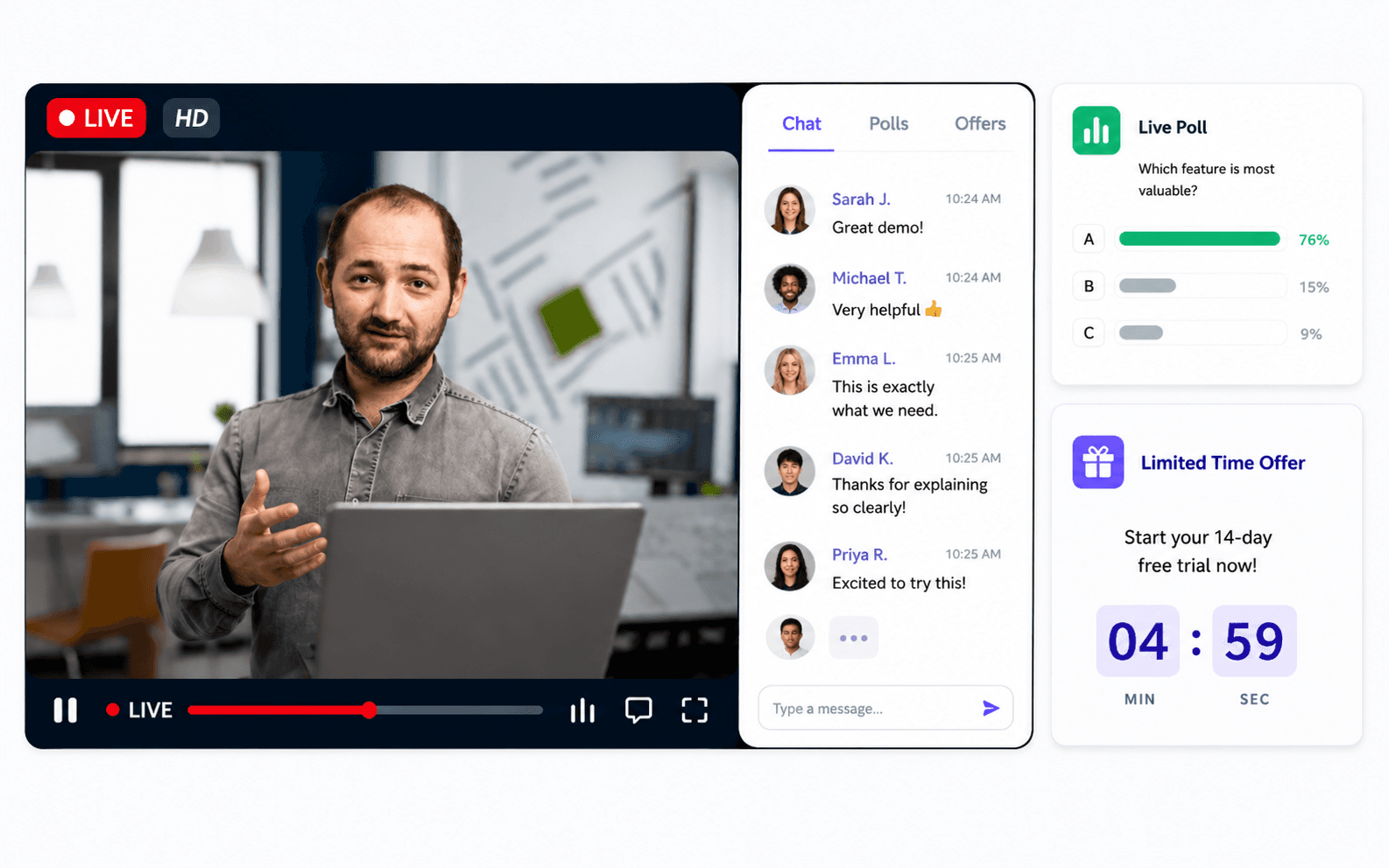 Live webinar interface showing a presenter on camera alongside real-time attendee chat, a live poll, and a limited-time offer countdown