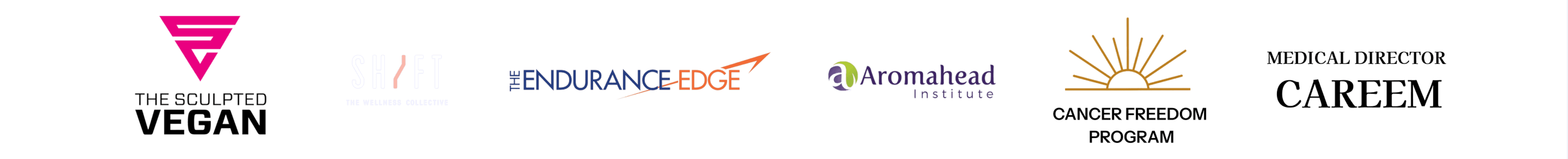 Logos of health and wellness businesses that trust EasyWebinar: The Sculpted Vegan, Shift Wellness Collective, The Endurance Edge, Aromahead Institute, Cancer Freedom Program, and Careem Medical Director