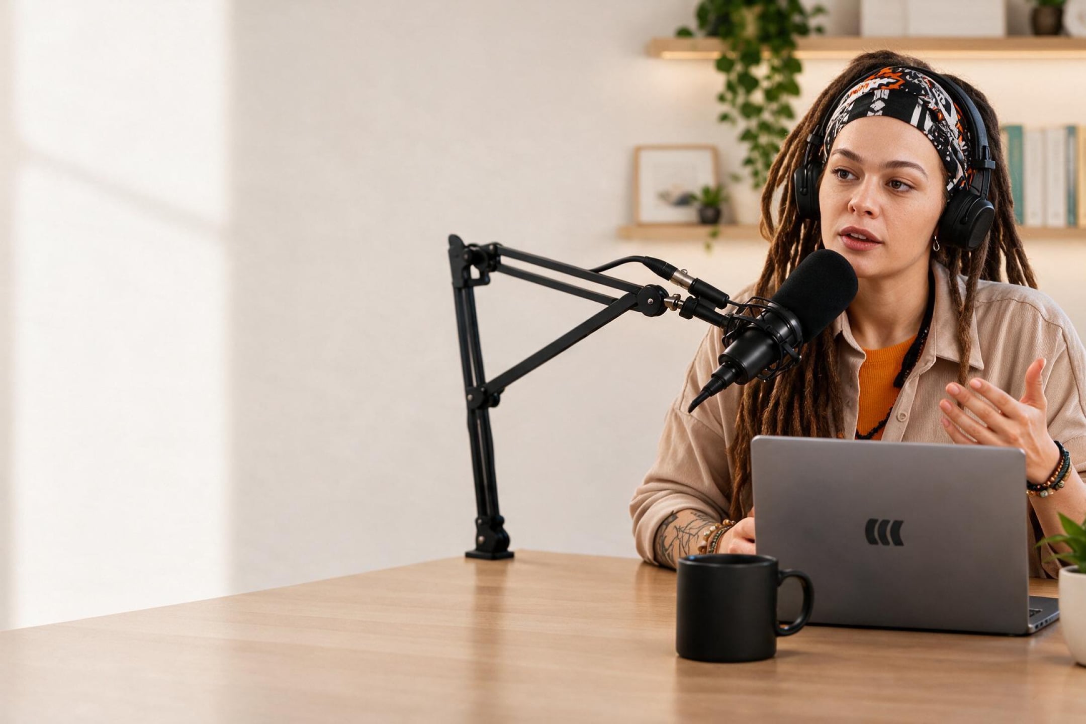 A presenter speaking into a microphone during a webinar