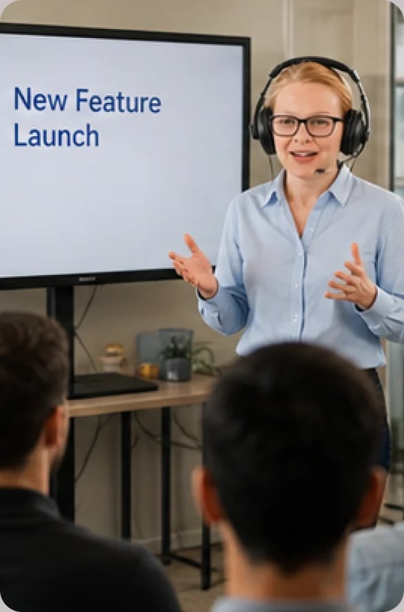 Presenter walking an audience through a new feature launch on screen