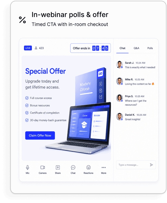 In-webinar polls and offer with a timed CTA and in-room checkout