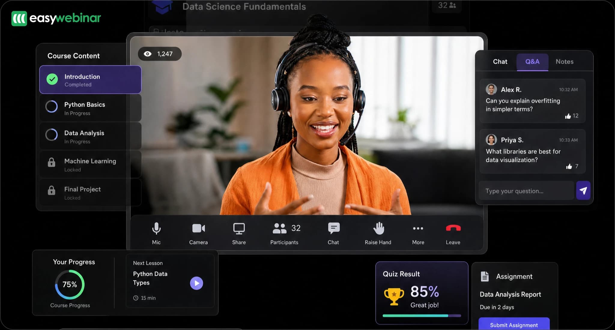 EasyWebinar live webinar room with presenter video, chat, Q&A, and attendee controls