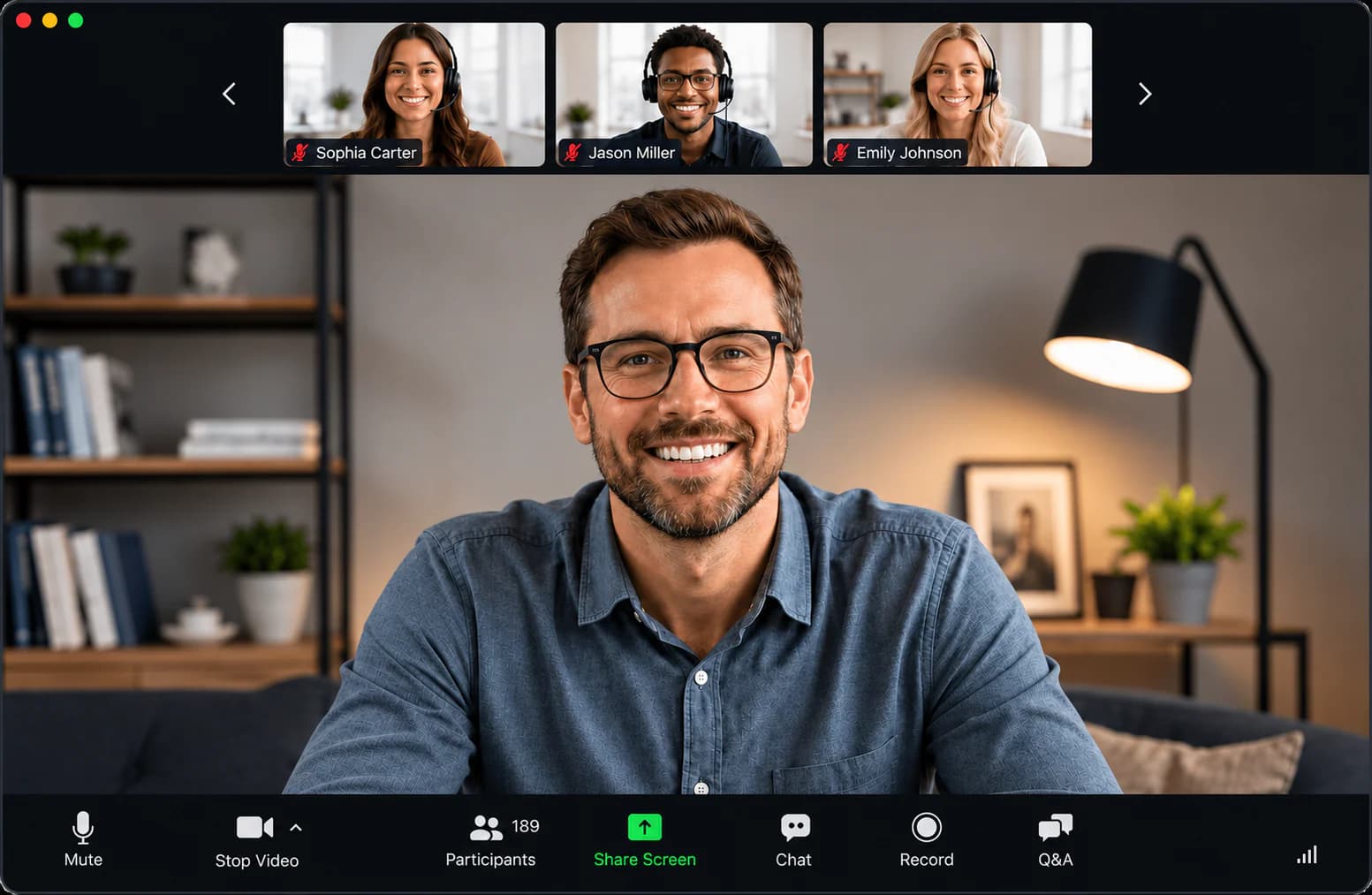 EasyWebinar live session interface with attendee video tiles, chat, polls, and Q&A