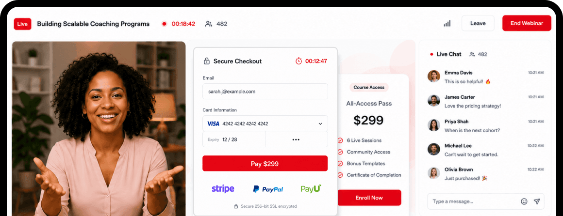 In-webinar secure checkout with Stripe, PayPal, and PayU