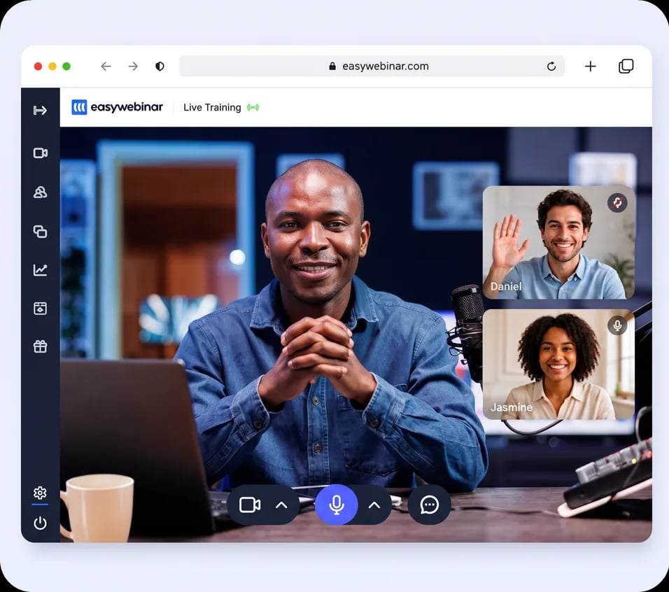 Presenter teaching on a live webinar with attendee video tiles visible in the corner
