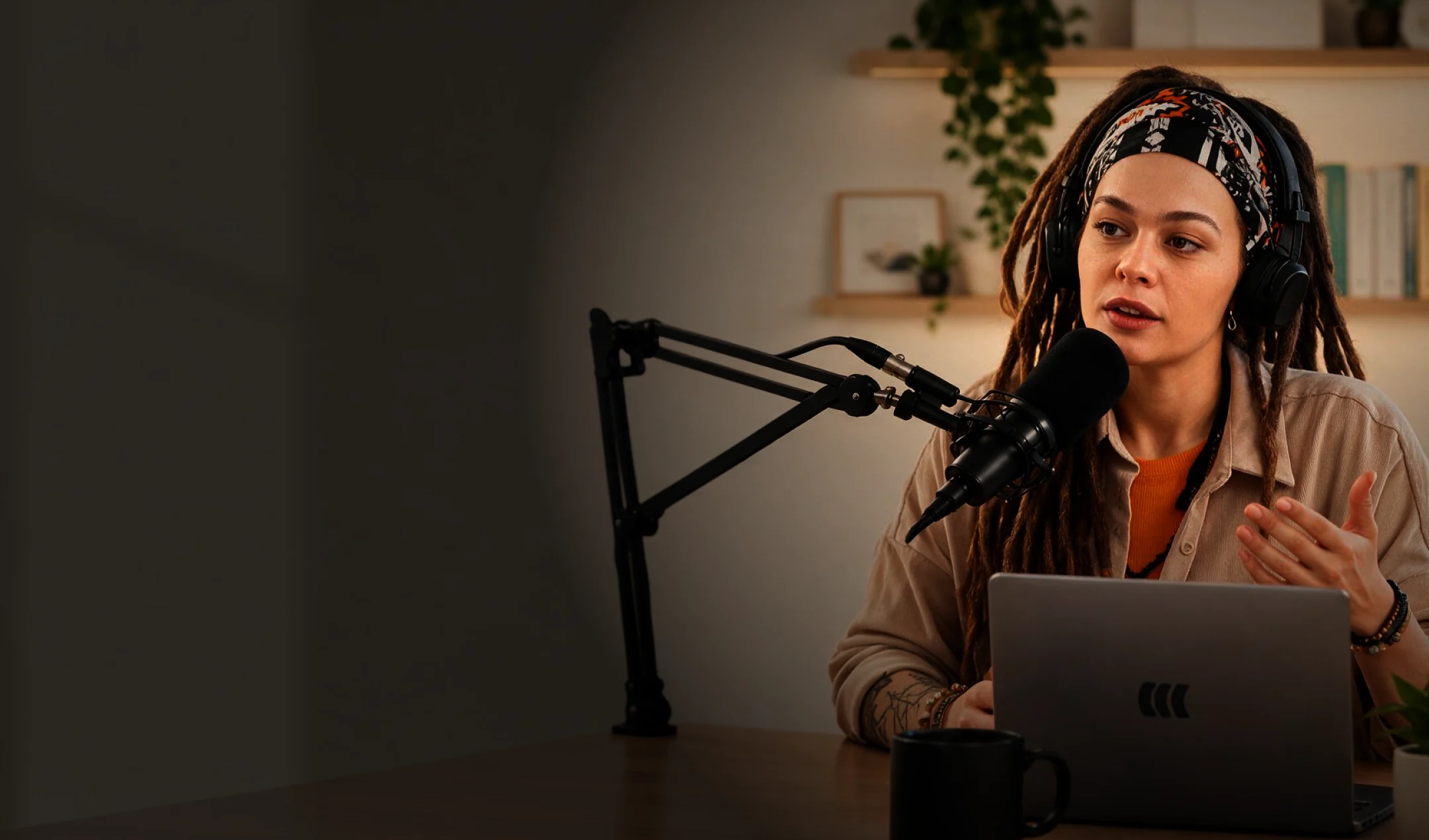 Woman with headset hosting paid webinar