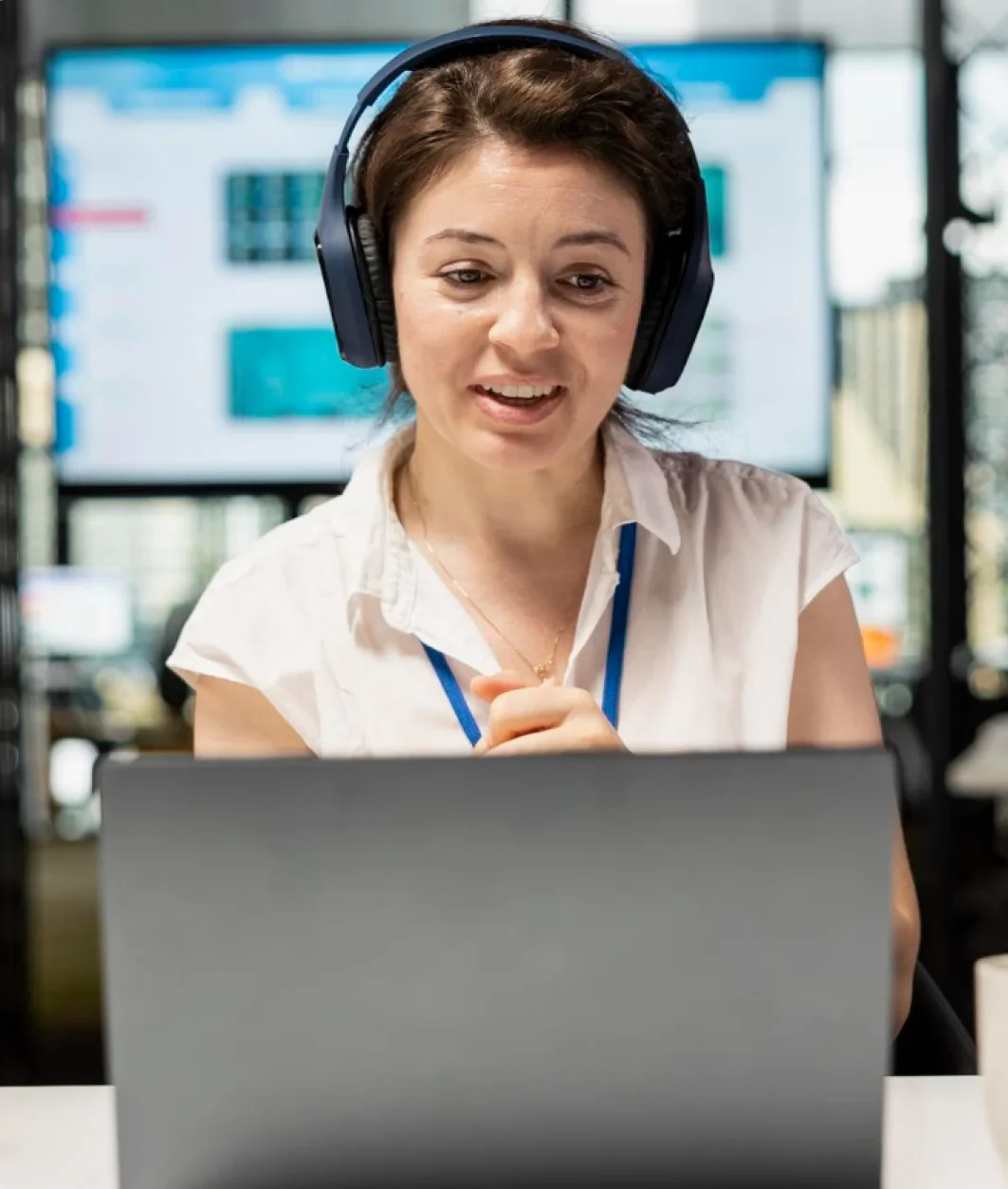 SaaS presenter with a headset running a product demo