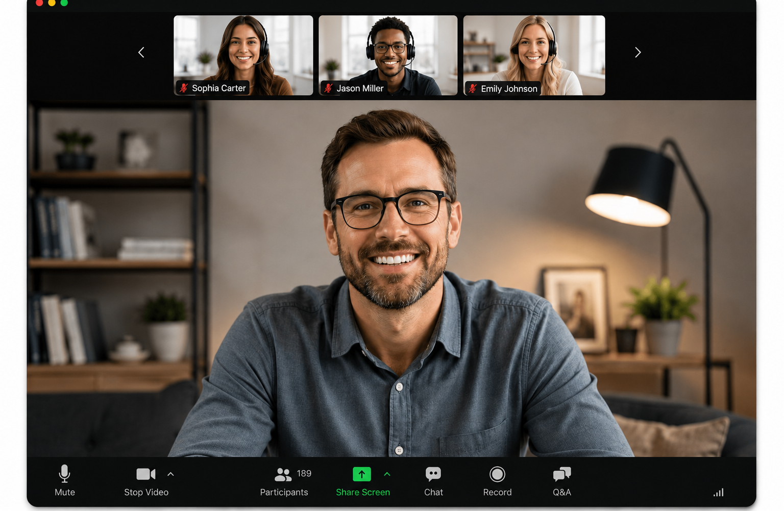 EasyWebinar live session interface with attendee video tiles, chat, polls, and Q&A