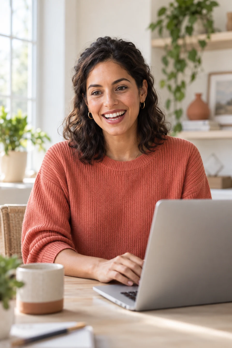 A smiling professional enjoying a conversation at her laptop in a bright office