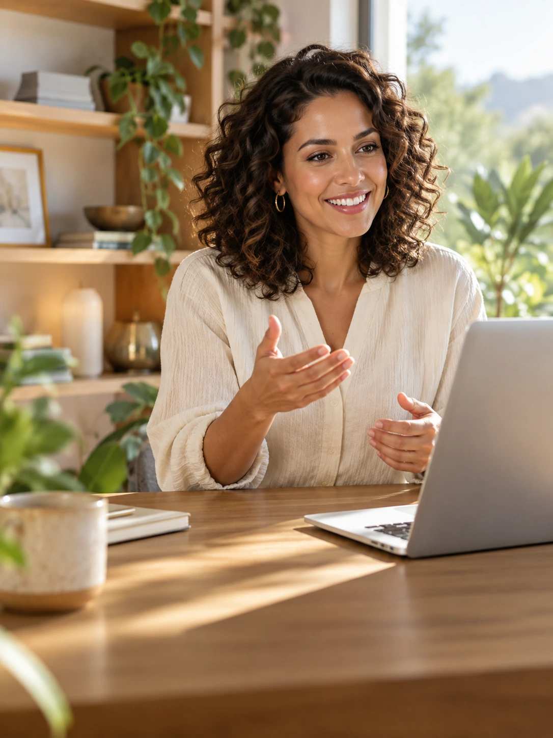 Webinar presenter at a laptop in a sunlit home studio