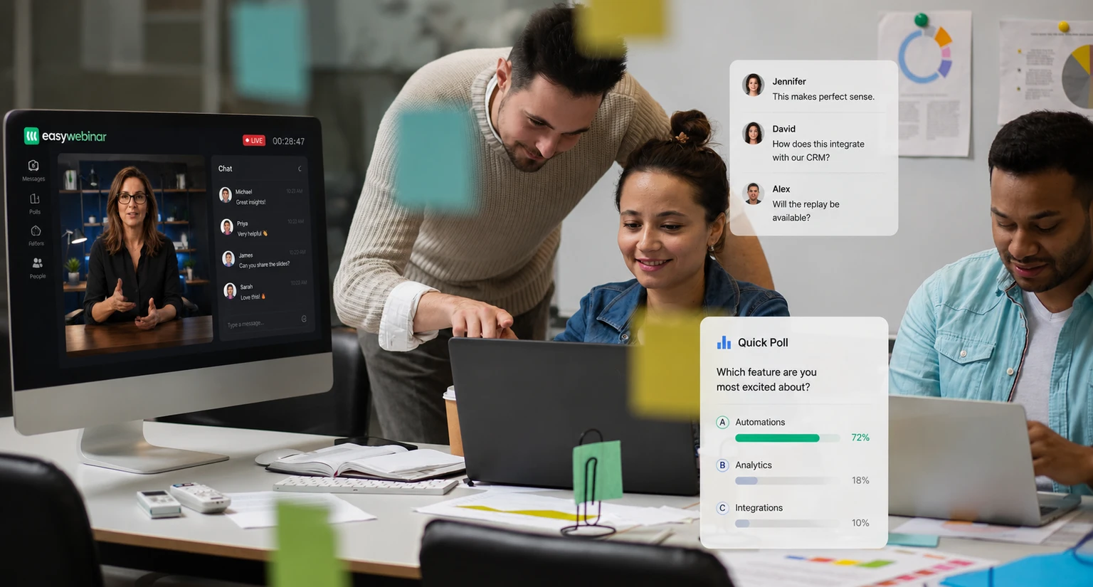 IT team reviewing an EasyWebinar live session dashboard with chat and quick poll panels