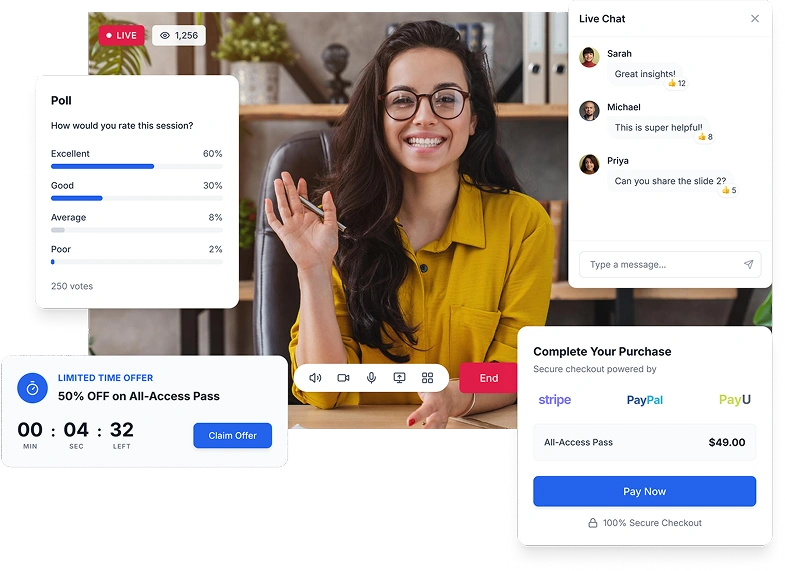 Live, simulive, and evergreen — one platform for all three