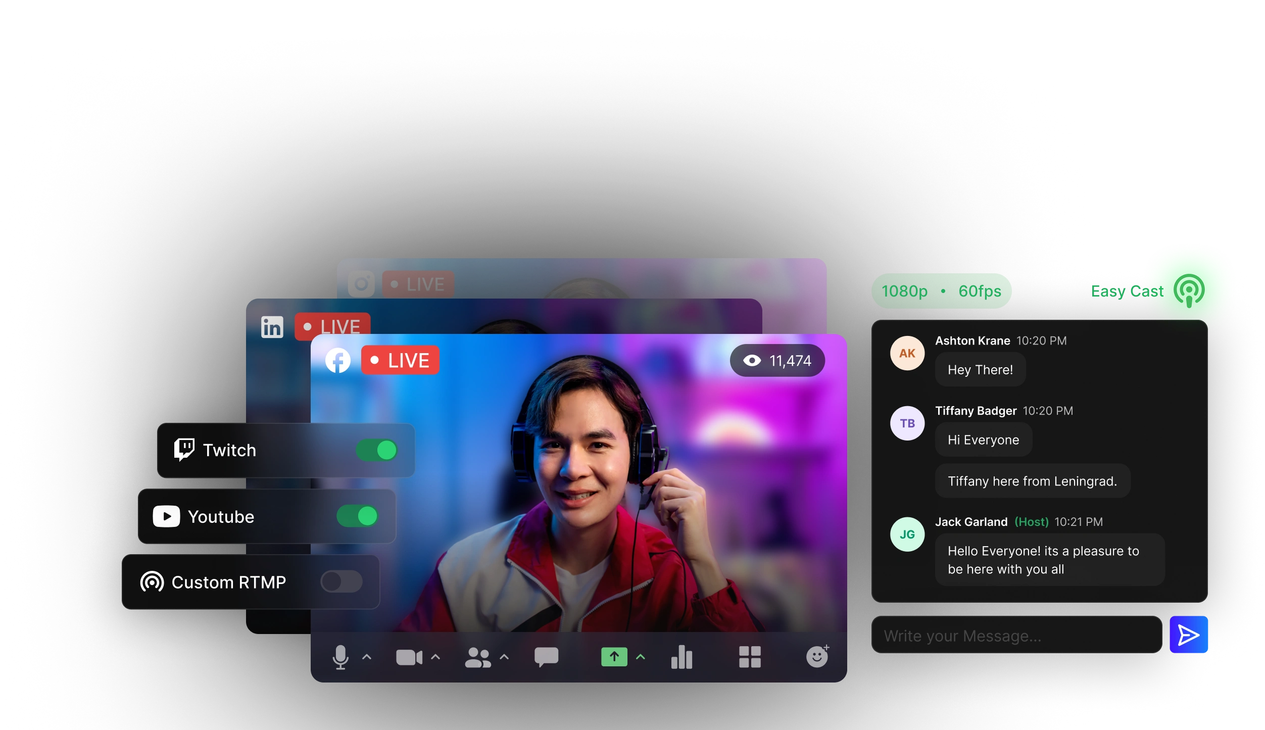 EasyCast multistream dashboard showing simultaneous broadcast to multiple platforms