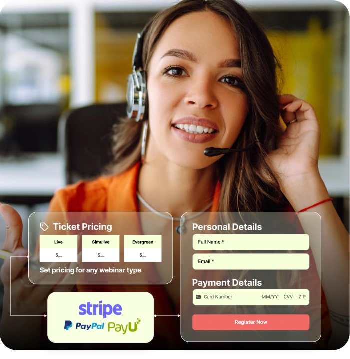 Woman with headset hosting paid webinar