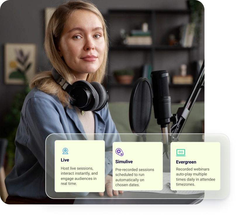 Woman with headphones hosting webinar