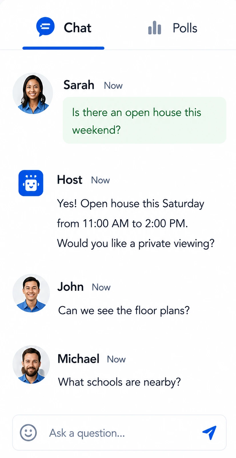 Live chat panel with buyer questions during the property tour