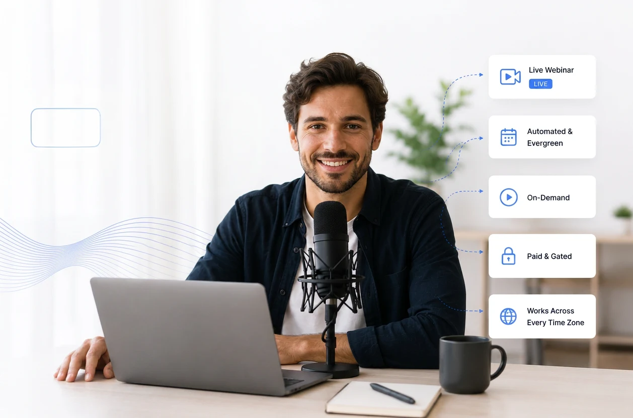 A live webinar host with panels for Live Webinar, Automated & Evergreen, On-Demand, Paid & Gated, and every time zone
